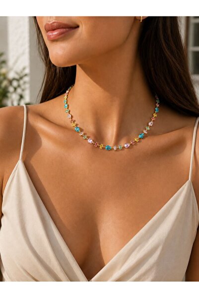 House Of Glix Colourful Cristal Çok Renkli Gema Parlak Taş Tasarım Kolye