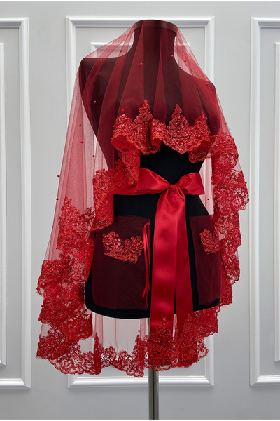 ZEYMERADE Red Bridal Veil Set, Sparkling Lace and Pearl Embellished Henna Nig...