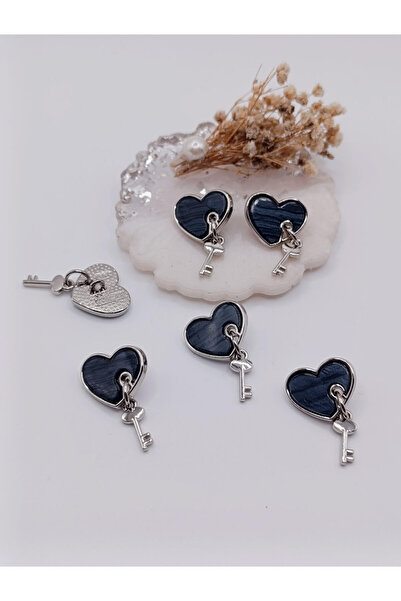 RP COMPANY Black/Silver Color Mini Heart and Key Themed Buttons, 6 Pieces