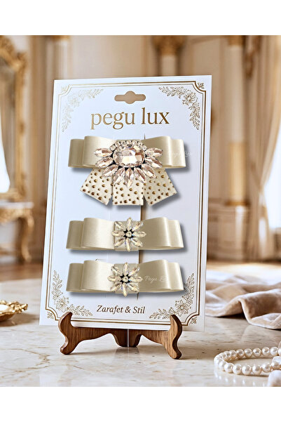 pegu baby collection Set de 3 agrafe cu piatră, cu panglică din satin ecru, s...