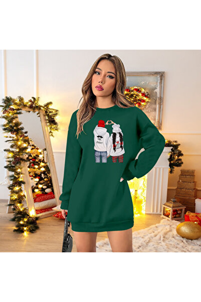 Efnaz style Women's Long Sleeve Crew Neck Print Viscose Two Thread Dress