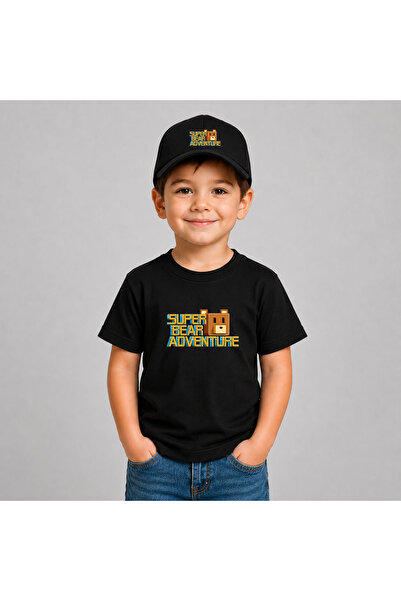 cesita Tricou negru din țesătură de bumbac cu imprimeu Super Bear, pălărie ne...