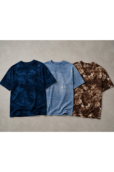 Hoodraze 3'lü Paket Oversize Batik ve Asit Yıkama Desenli Tişört