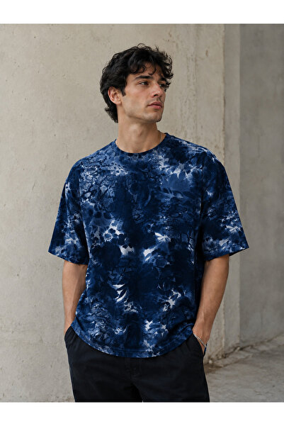 Hoodraze Lacivert Batik Desenli Oversize Tişört