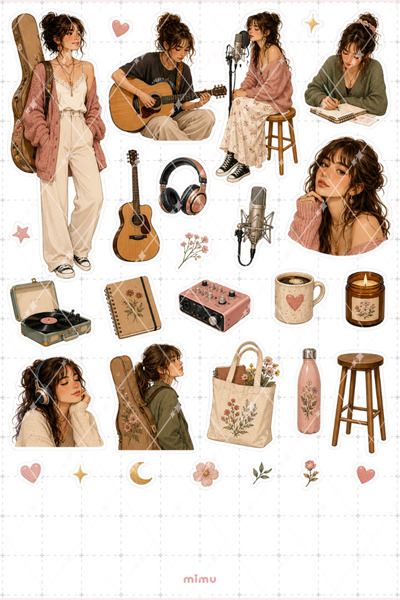 Mimu Art Studio Müzisyen Kız Sticker Seti Şarkıcı Gitar Temalı Dekoratif 2'li...
