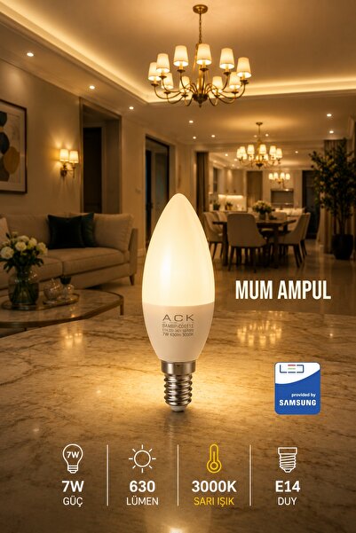 Aryes 7W Mum LED Ampul E14 3000K Sarı Işık 630 Lümen Tasarruflu İnce Duy