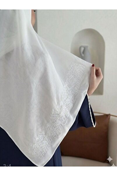 Veil Designer White Bawal Hijab with White Geometric Embroidery Japanese Fabr...