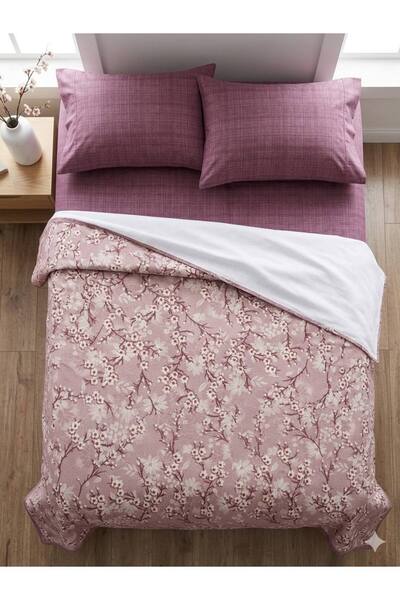 ŞENER HOME Set de lenjerie de pat dublă cu elastic, cu model de ramură florală