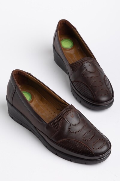 Dilimler Ayakkabı Genuine Leather Embroidery Detailed Skin Brown Large Size W...