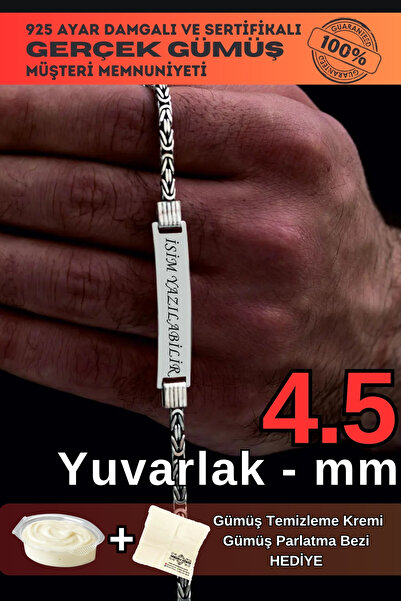 OSMANLI GÜMÜŞ Erkek Gümüş Bileklik - İsim Yazı Yazılabilen 4.5 mm Orta Kalınl...
