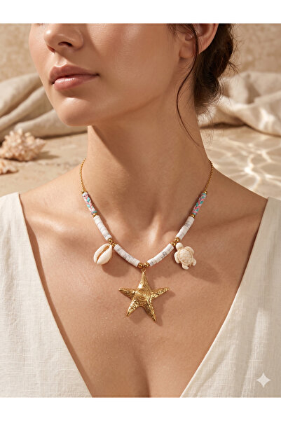 PABALAS Gold Starfish Bijouterie Charm Necklace Turtle Shell Bead Detailed Su...