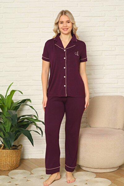 ALİMER Women's Pajama Set - Purple Front Buttoned Short Sleeve Lycra Viscose ...