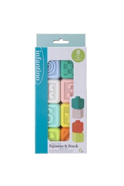 Infantino Set 8 cuburi moi, Infantino, Super soft, Squeeze & Stack