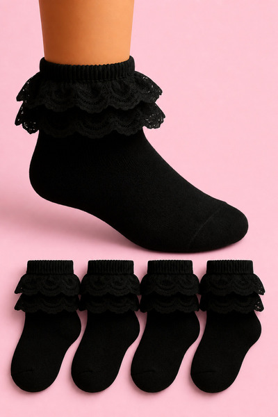 ZENGİN 4 Pack Girls' Lace Seamless Black Socks Set Soft Fabric