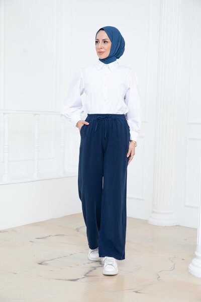 PAVENTİ Elastic Waist Pocketed Tencel Trousers Navy Blue