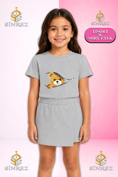 SİNREZ Girl's Set: Bear Print Half-Zip Short Sleeve T-Shirt, Shorts, Skirt