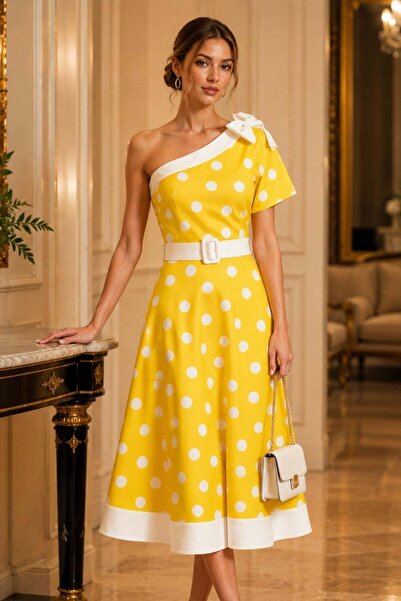 Mossta Single Sleeve Belt Detailed Polka Dot Woven Dress - Yellow
