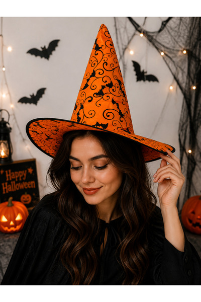 PARTİPORT Pălărie de vrăjitoare de Halloween cu model de lilieci portocalii, ...