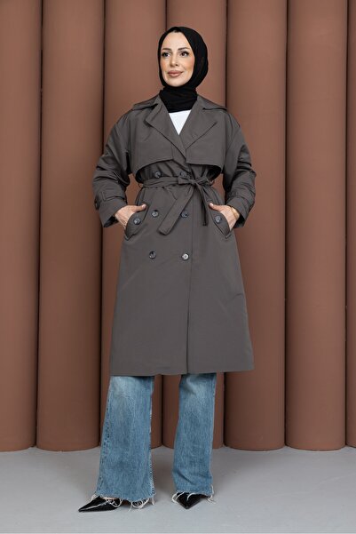 KMKkombin Women's Youthful Trench Coat with Buttons on the Back, Slits and Ap...