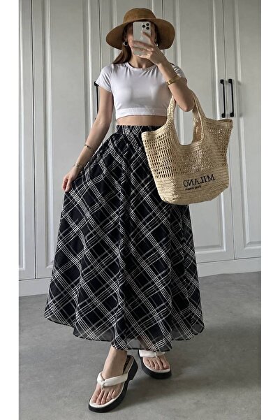 Gülmude Uzun Beli Lastikli Astarlı Cepsiz Ekose Model Mevsimlik Etek (90CM)