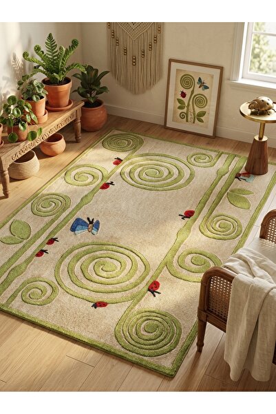 Rugs Modern Halı SDT Uğur Böceği ve Böcek Figürlü Sarmaşık Spiral Desenli Bej...