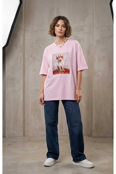 Butik Pembe Pucci Köpek Baskılı Oversize T-Shirt