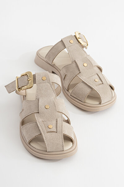 LEVONYA Mayor Women's Cream Beige Skin Suede Buckle Comfortable Daily Slippers
