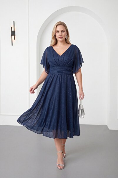 Lafaba Women's Navy Blue V-Neck Glittery Plus Size Flared Evening Dress