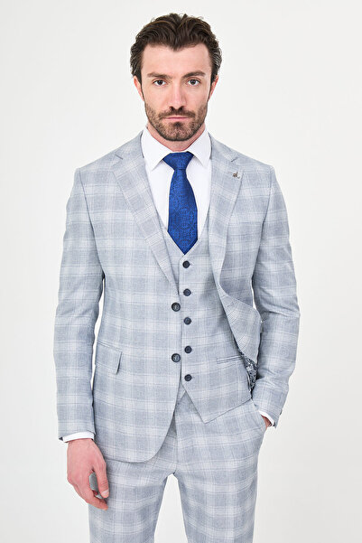 Mcr Plaid Slim Fit Mono Collar Classic Men's Suit Navy Blue - 45467.26Y