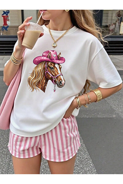 SUNFREE Shining Horse Printed Oversize Crew Neck Short Sleeve Basic Women's T...