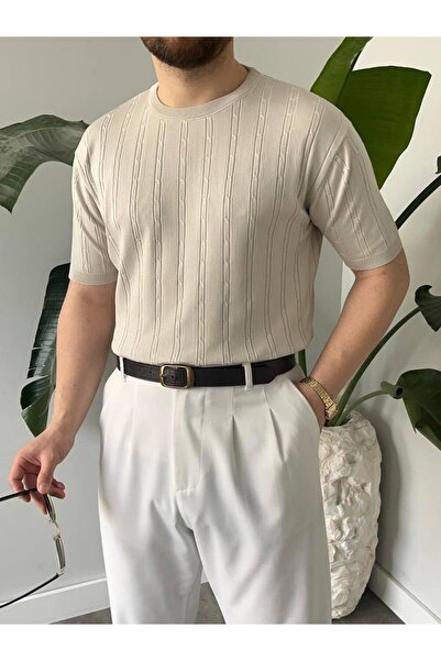 ATKGİYİM Men's Slim Fit Knitted Patterned Crew Neck Short Sleeve Lycra Knitwe...