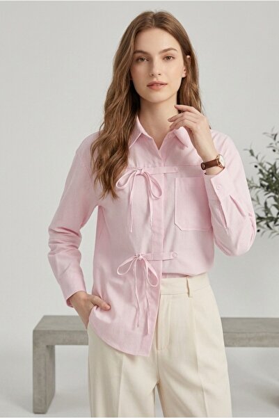 EsSo butik Women's Pink and White Striped Oversized Shirt with Bow Detail