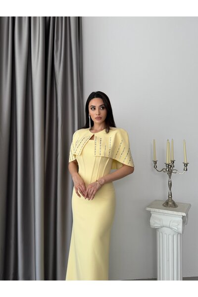 Serica Moda Yellow Bolero Stone Embellished Underwire Long Evening Dress