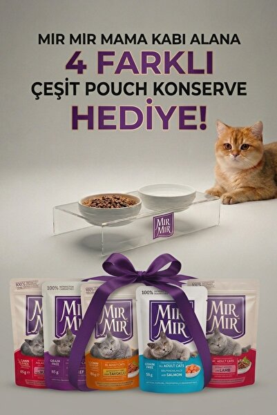 MIRMIR Premium Şeffaf Standlı İkili Kedi Mama ve Su Kabı, Seramik Kaseli, 4 A...