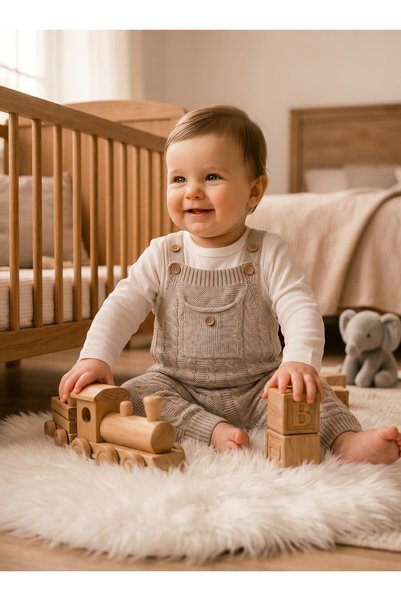 Nio Lua Hair Braided Pocketed Knitwear Baby Salopet Jumpsuit / Combed Cotton Gift Set