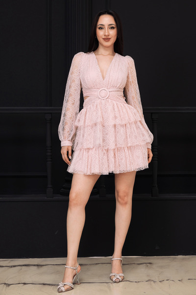 BEYBOS Layered Mini Lace Dress - Powder