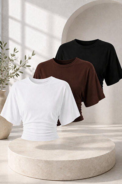 COMBİNE MİCHAİL Women's Casual Bat Sleeve 3-Piece Tight Crop Blouse