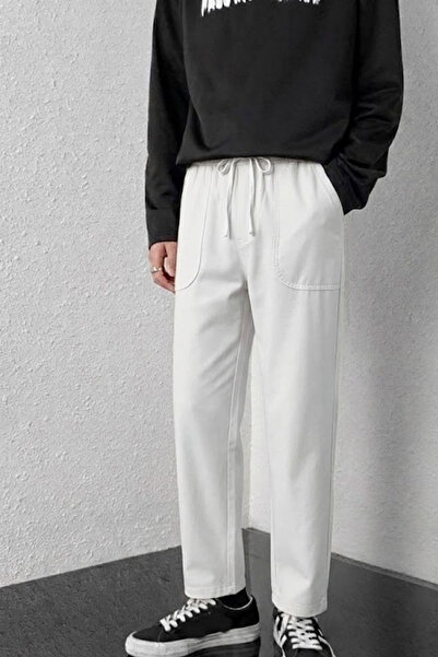 MATERIAL Men's White Linen Trousers with Elastic Waist and Wide Legs