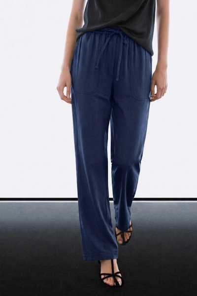 MATERIAL Pantaloni de damă, elastici, casual, largi, din in, bleumarin