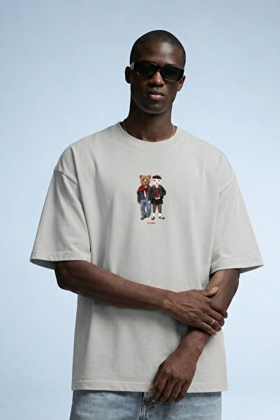 MATERIAL Men's Bear & Rabbit Printed Oversize Gray T-Shirt