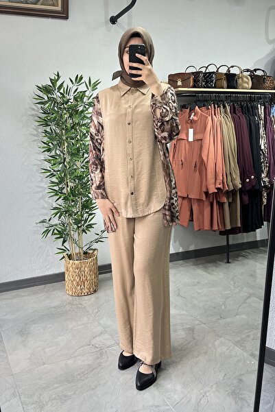 Tığ Triko Leopar Detaylı Pantolonlu Takım Camel