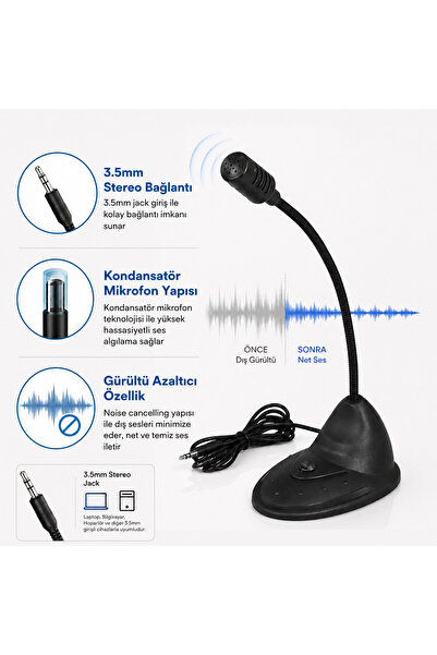 Coverzone Masaüstü Kondansatör Mikrofon 3.5mm Jack Kablolu Esnek Boyunlu Gürü...