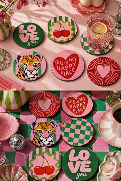 nesnelgift Retro & Pop Art Desenli Bardak Altlığı 6’lı Set – 9 cm, 3 mm MDF, ...