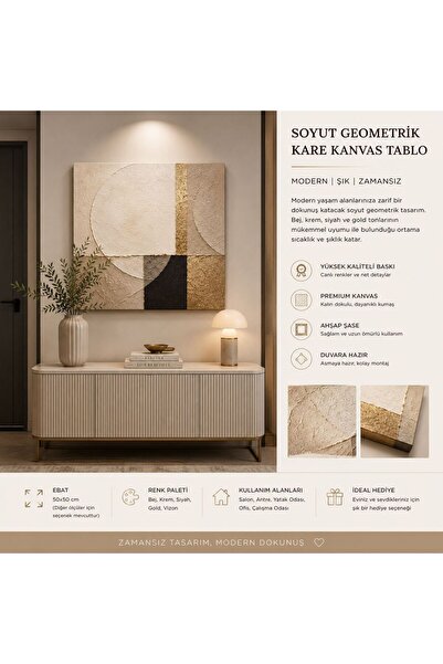 walliva Modern Soyut Geometrik Kare Kanvas Tablo | Gold Detaylı Bej Krem Mini...