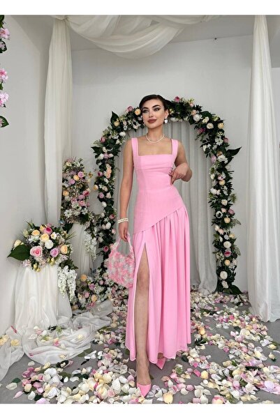Caddebostan Moda Square Neckline Slit Detailed Maxi Length Evening Dress Grad...