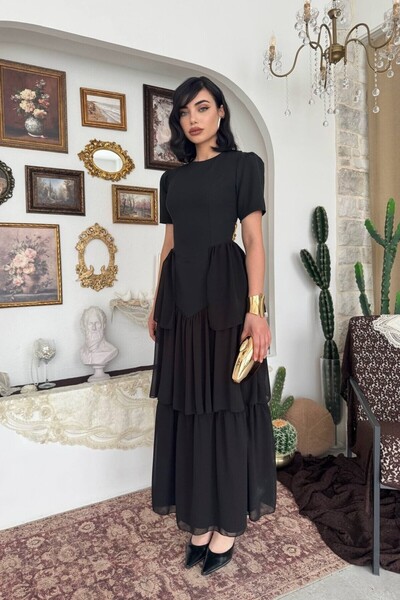 Caddebostan Moda Long Evening Dress with Back Corsage Detail and Layered Chif...