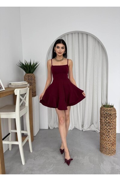 Caddebostan Moda Tiered Ruffle Skater Mini Dress with Drawstring Straps - Gra...