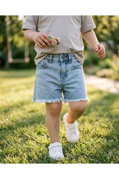 TA&CE TACE KIDS Kız Çocuk Mavi Taş İşlemeli Fringed Püsküllü Yüksek Bel Denim...