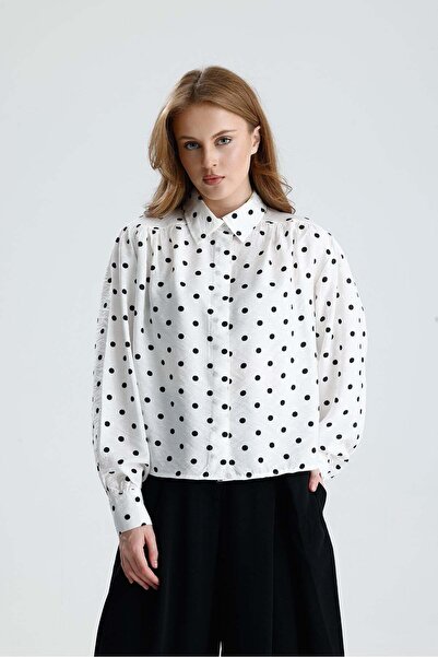 Women's White-Black Polka Dot Shirred Wide Cut Shirt 31120
