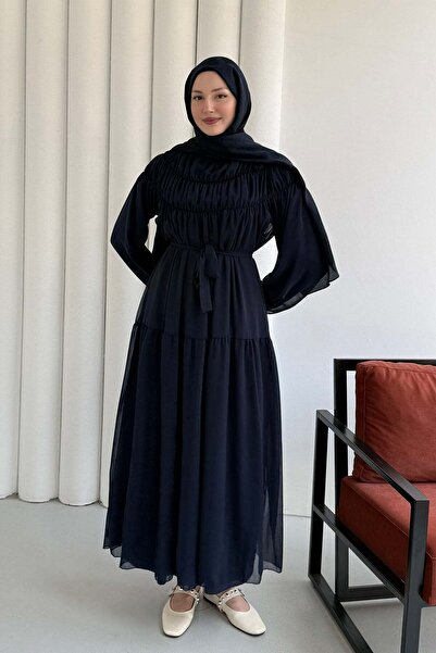 Modaensarbutik Büzgü Detaylı Oversize Şifon Tesettür Elbise-LACİVERT